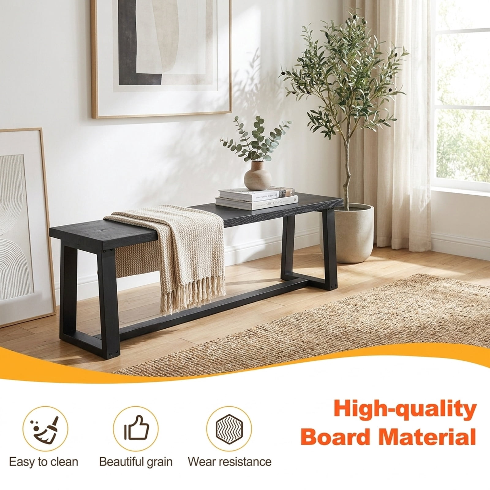 Furnibear 56 Inch Wood Dining Bench with Acacia Wood Seat Metal Frame and Adjustable Footpads for Kitchen Dining Room Entryway Seating, Black
