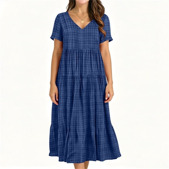 Aimik Women's Casual V-Neck Tiered Midi Dress Short Sleeve Plaid Loose Flowy Summer Beach Dress Summer Dresses for Women