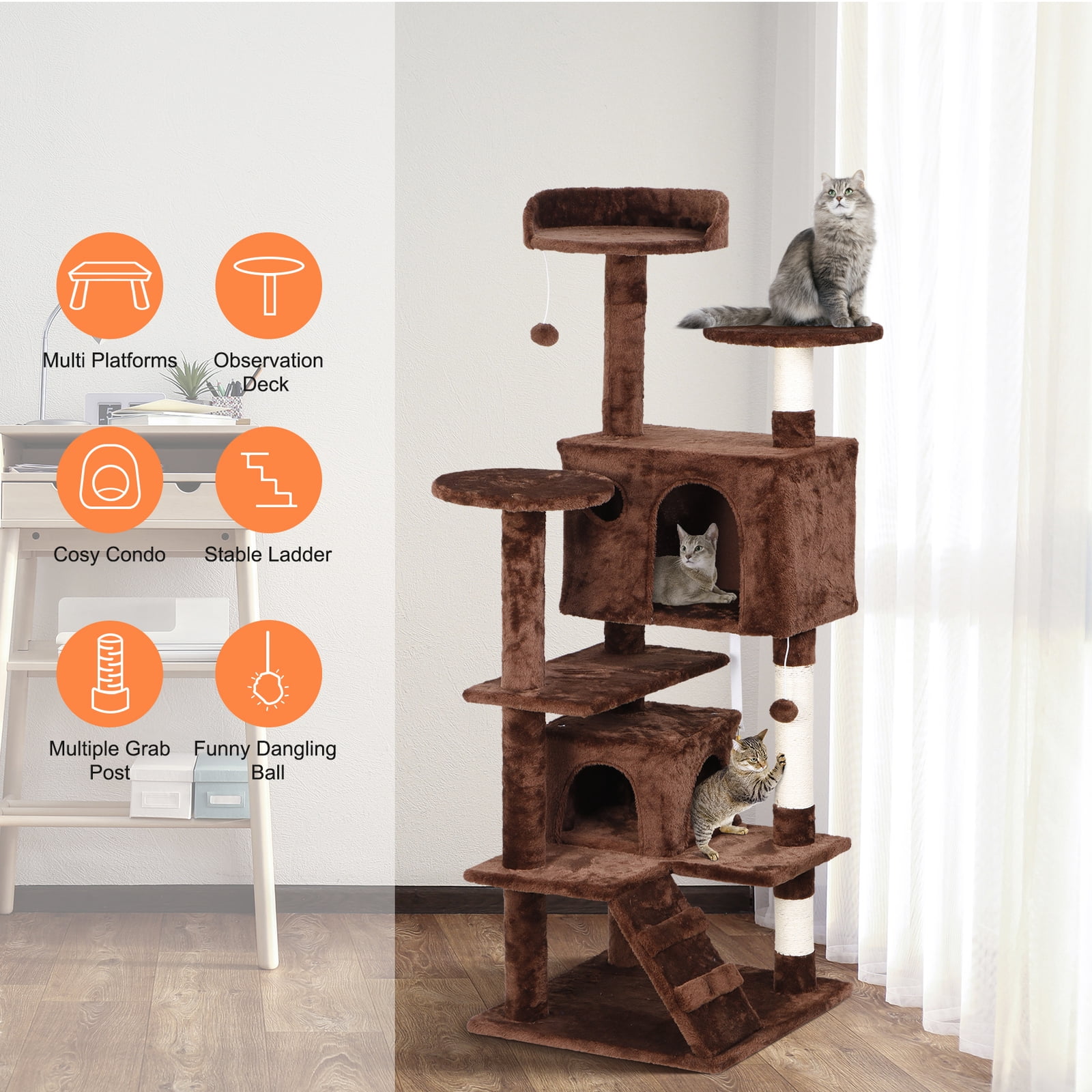 Favory Cat Tower Multi-Level Durable Cat Scratching Post & Cozy Fun Cat Jumping Platform Space Saving Cat Condo Pet Play House for Indoor Cats,55",Brown