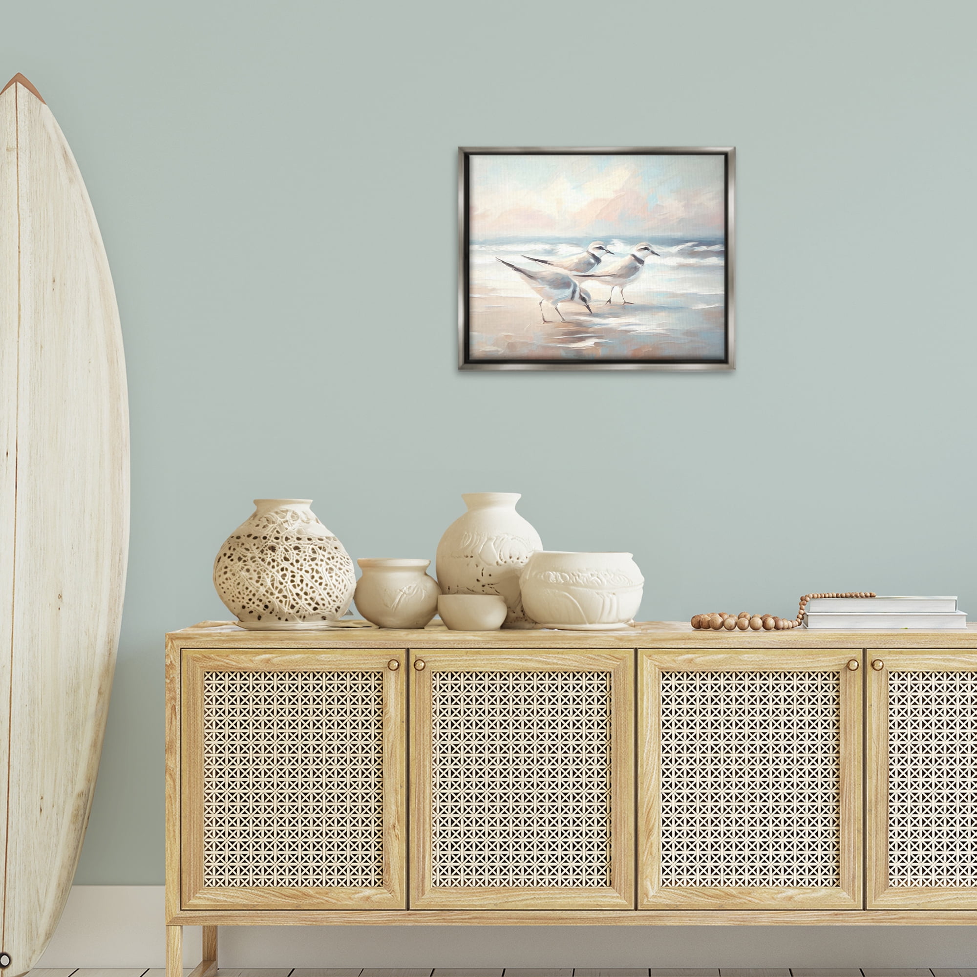 Stupell Industries Bay with Beach Birds Coastal Painting Gray Floater Framed Canvas Art Print Wall Art, 21 x 17