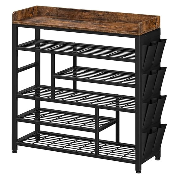 Metal Shoe Rack Entryway, 6 Tier Shoe Organizer Holds 22 Pairs, Wooden Top & Side Pockets, Black