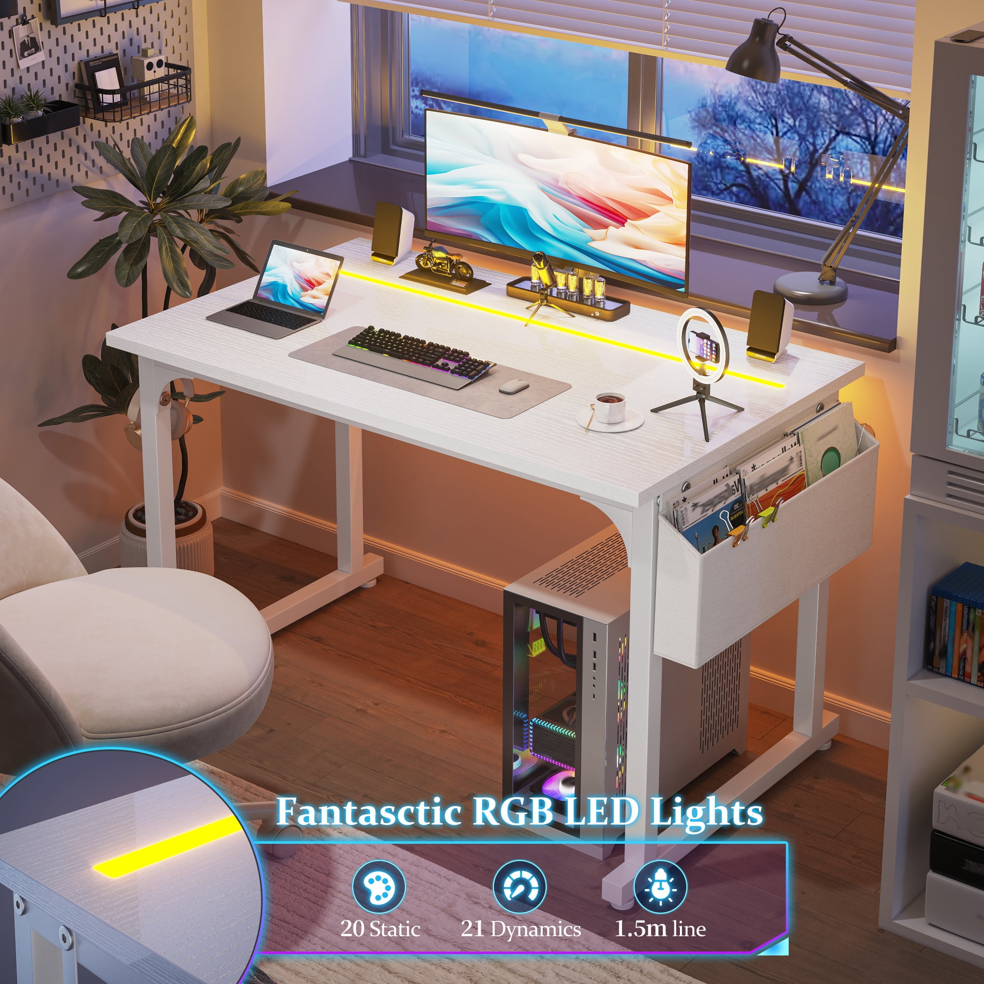Romorgniz 40 Inch Computer Desk with LED Lights for Small Spaces, Home Office Desk with Storage Bag, Headphone Hook, White