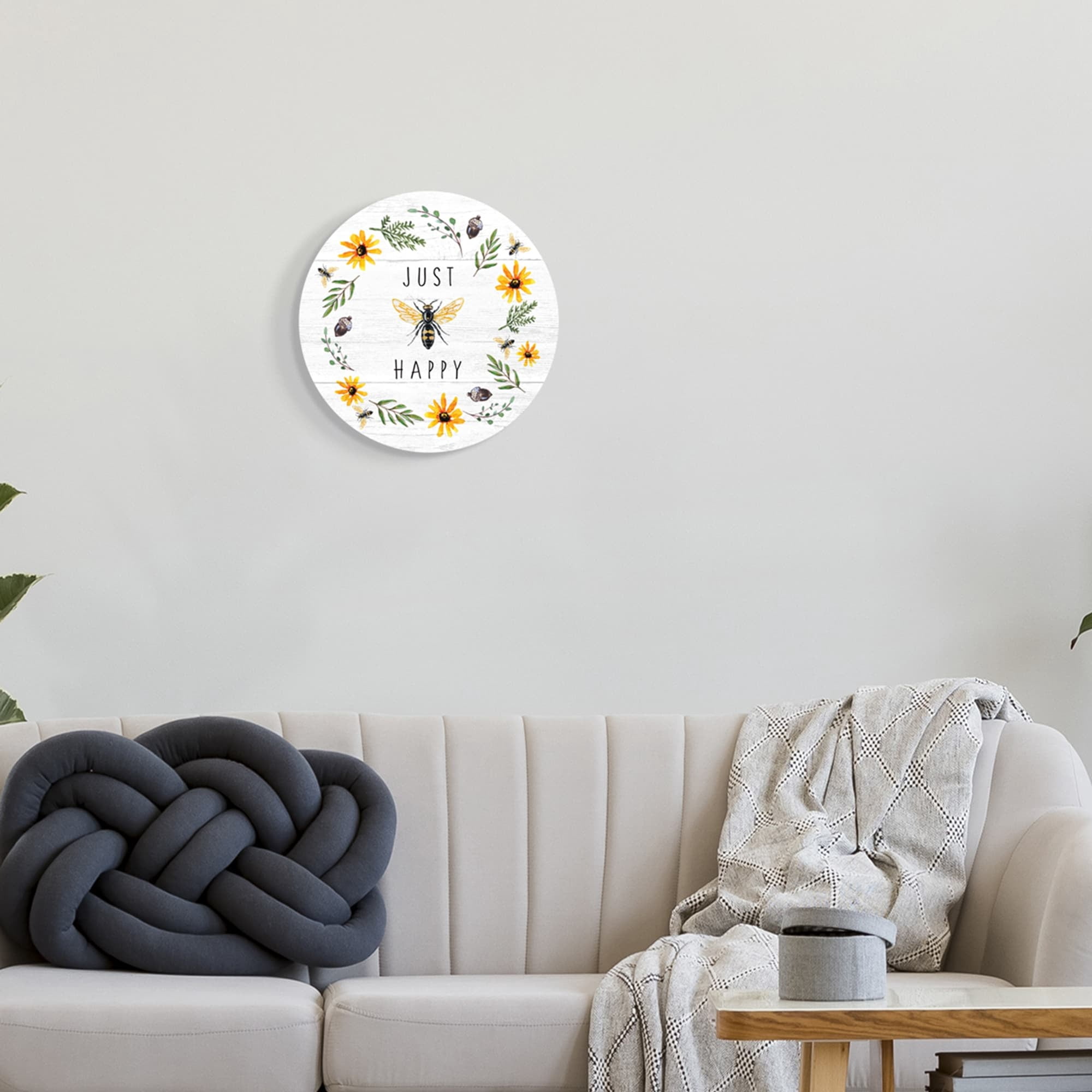 Stupell Industries Just Bee Happy Pun Phrase Yellow Daisy Country Wreath,12 x 12,Design By Elizabeth Tyndall
