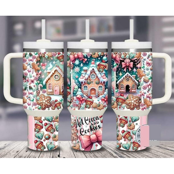 Tumbler with Handle, Pastel Gingerbread House 40 Oz Tumbler Christmas Candy, Candy Cane, Cookie