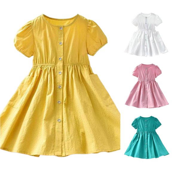Yuhangmm Girls Summer Dress, Kids Girls Summer Short Sleeve Solid Color Dress Cardigan Shirt Dress Children's Clothing Girl Dresses 2t Yellow 4-5 Years