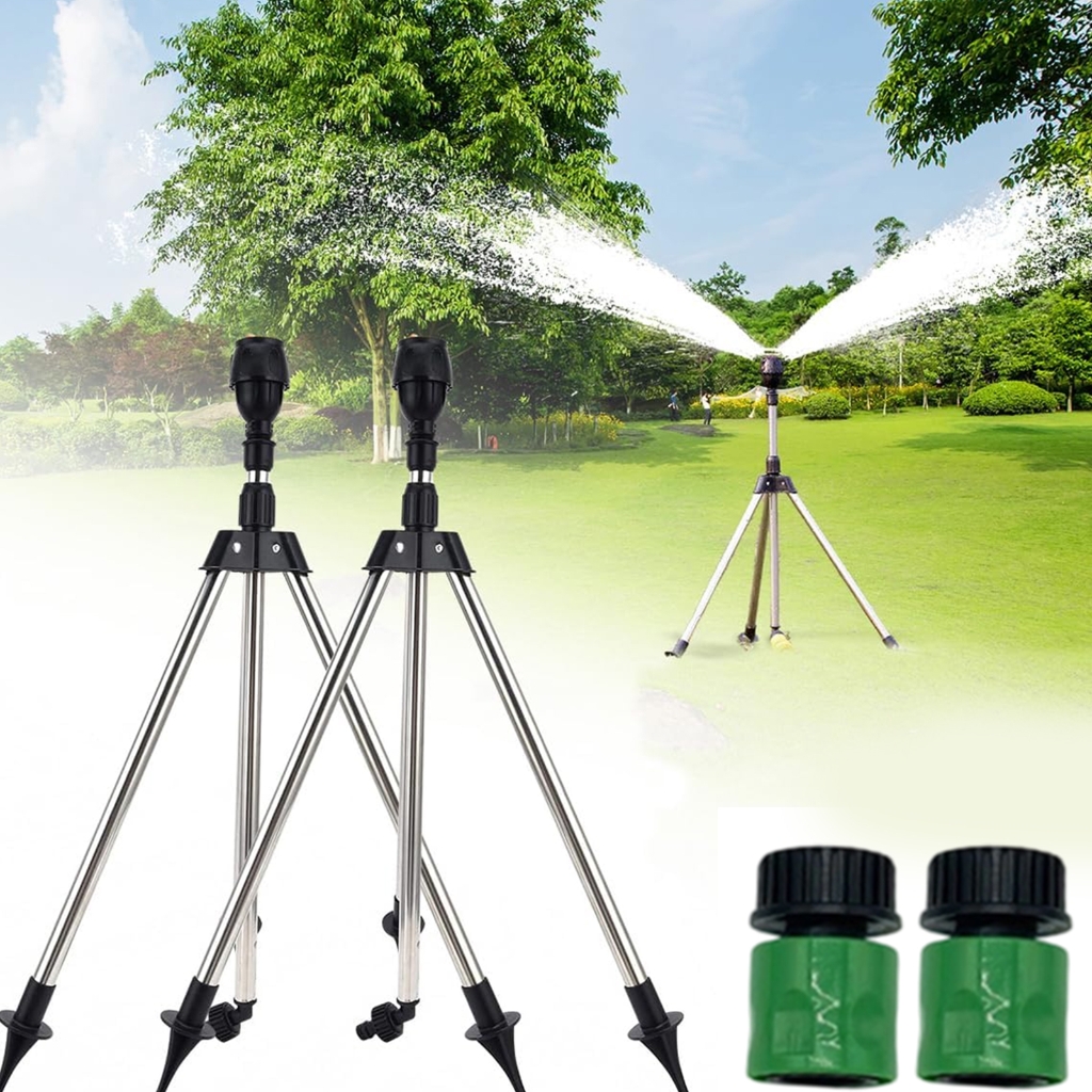 2Pcs 360 Rotary Irrigation Sprinkler Head with Tripod Telescopic Support Automatic Rotating Sprinkler Garden Watering