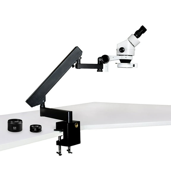 Vision Scientific Binocular Zoom Stereo Microscope, 10x WF Eyepiece, 0.7x—4.5x Zoom, 3.5x—90x Magnification, 0.5x & 2x Aux Lens, Articulating Arm Clamp Stand, 144-LED Ring Light with Intensity Control