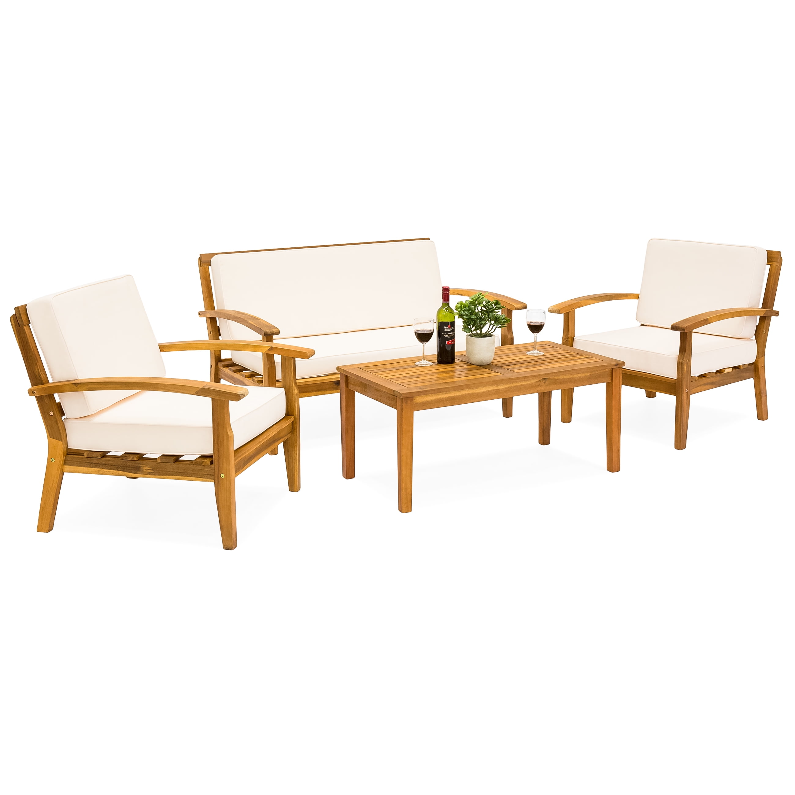 Best Choice Products 4 Piece Patio Acacia Wood Sofa Set W Water Resistant Cushions Cream