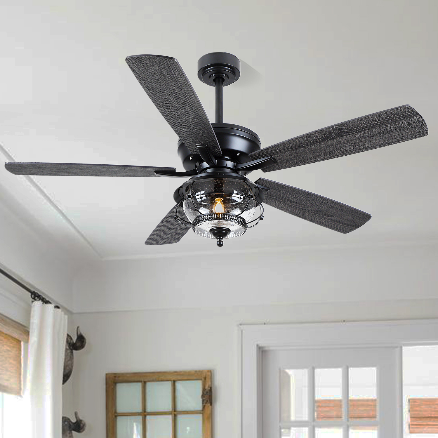 YIOSI 52-Inch Outdoor Ceiling Fan with Light and Remote, Black Modern, LED E26 Bulb