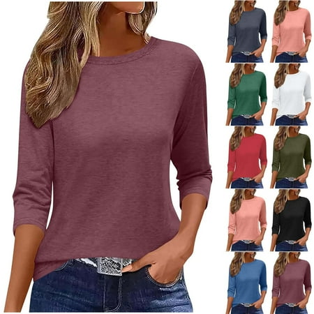 Hfnxid Women s 3/4 Sleeve Tops Solid Color Crew Neck Tunic Shirt Lightweight Slim Fit Teess Fashion Casual Business Work Shirts