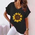 thumbnail image 3 of WREESH Women's Cotton Linen Sunflower T-Shirt V-Neck Short Sleeve Dolman Top Black, 3 of 5