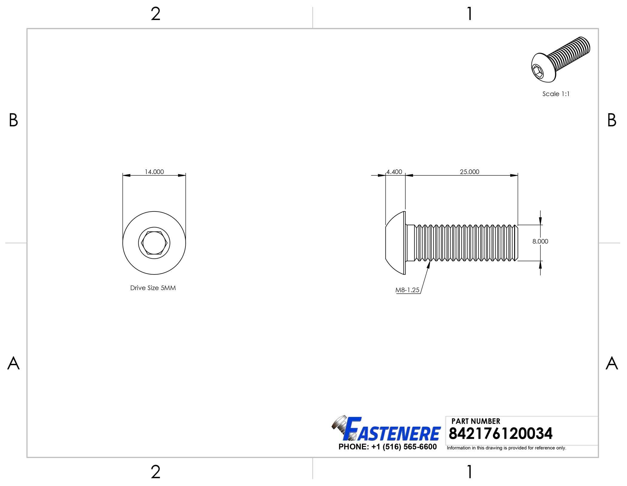 Fastenere Button Head Socket Cap Screws - M8-1.25 x 25MM (500-pack) Stainless Steel 18-8, Full Thread, Plain Finish, Flat Point, ISO 7380 Metric Screw Set, Easy to Install w/ Allen Hex Socket Drive