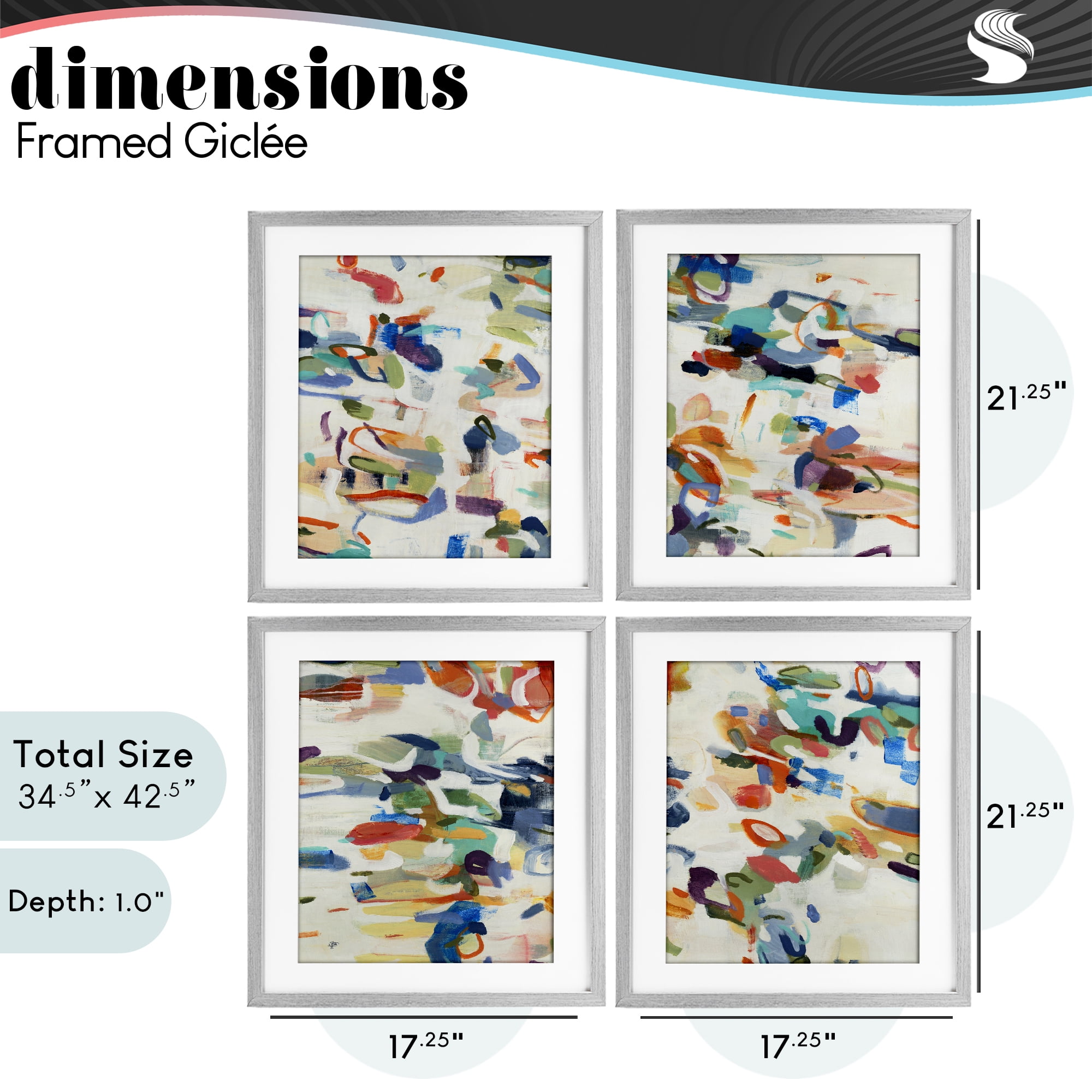 Stupell Industries Primary Hues Composition 4 Piece Gray Framed Print Under Glass Set, design by Lisa Ridgers