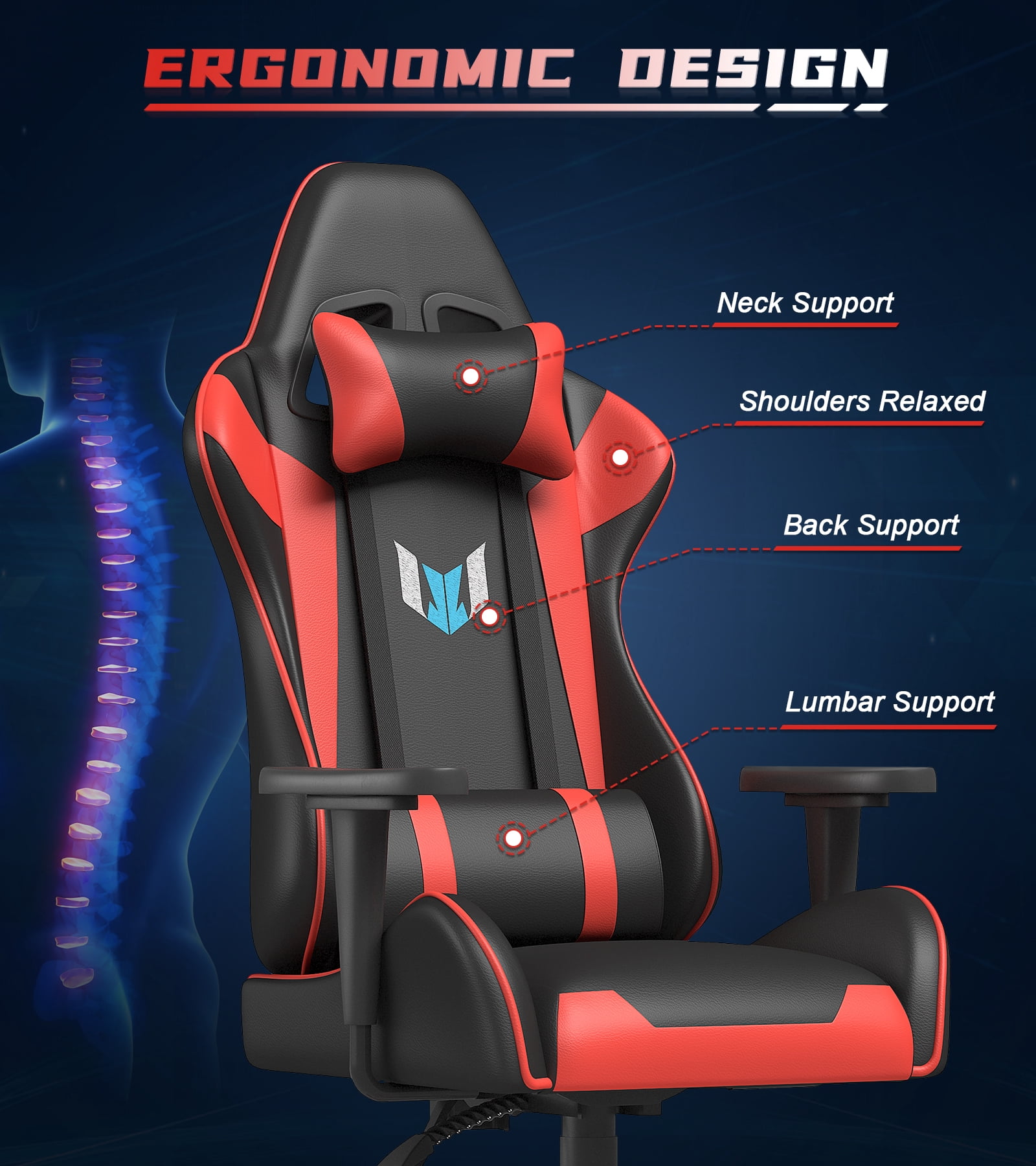 Bigzzia Gaming Chair Pu Leather Office Chair with Ergonomic Lumbar Pillow, Reclining Racing Game Chair Backrest and Seat Height Adjustable Swivel Recliner,Esports Chair with Headrest