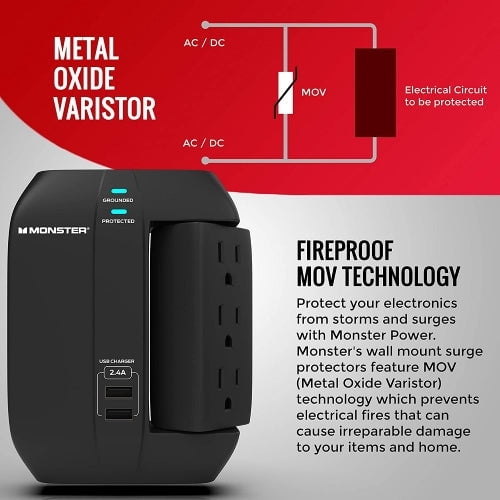 Monster Swivel Wall Tap with 6 Outlets and 2 USB Ports - English/French