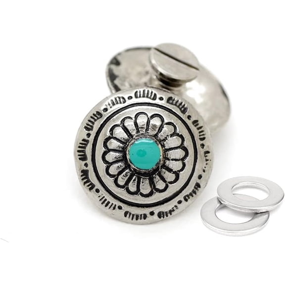 2pcs 1/2 Inch Flower Conchos Faux Turquoise Round Shape Silver Plated Metal Castings Screw Back Button CHS02 (Silver)