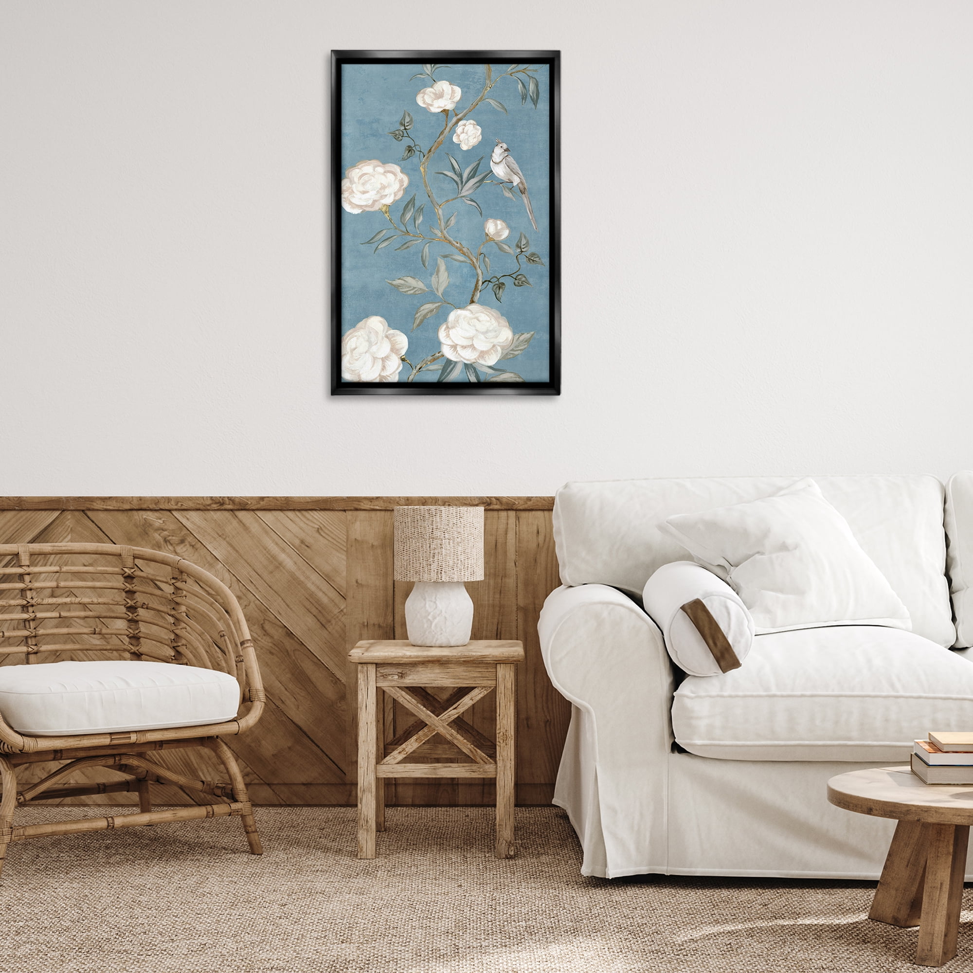Stupell Industries Bird on Traditional Florals Plants & Flowers Painting Black Floater Framed Canvas Art Print Wall Art, 21 x 31