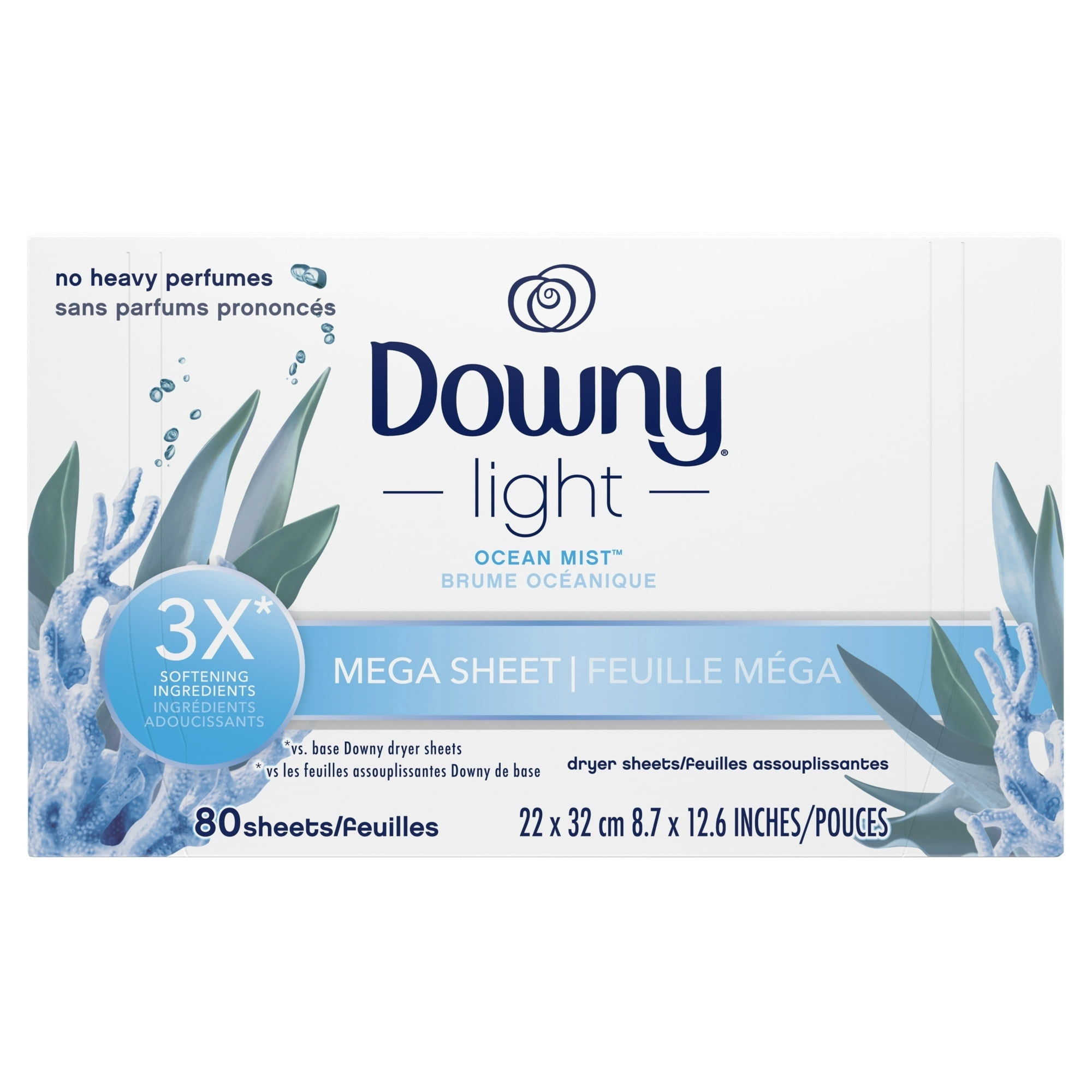Downy Light Mega Dryer Sheets, Ocean Mist, 80 Count (4 Pack)