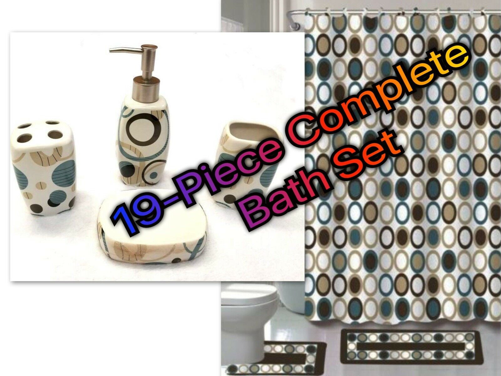 19Piece Complete Bathroom Set Rugs Shower Curtain Hooks Ceramic All