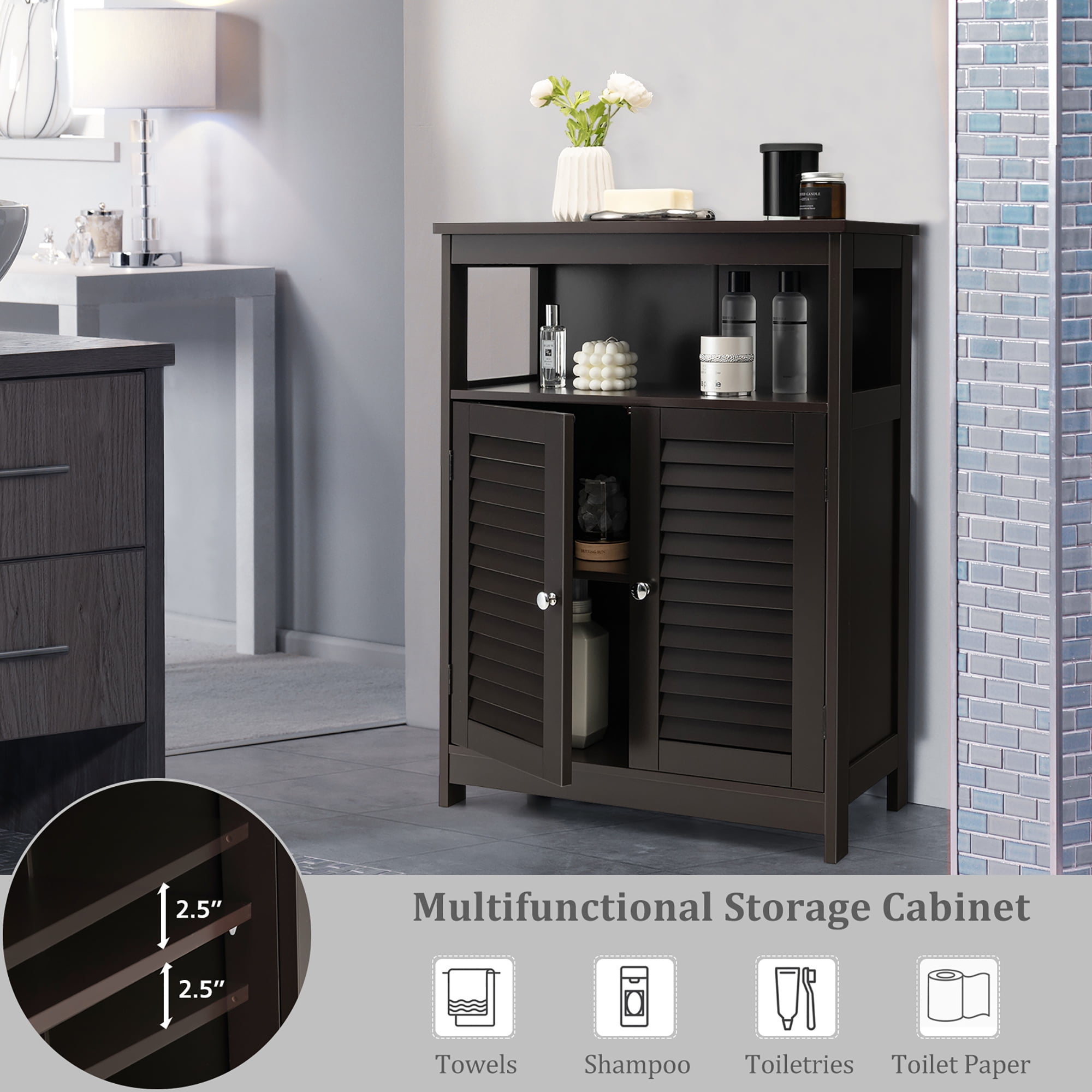 Costway Bathroom Storage Wood Floor Cabinet with Double Shutter Door Coffee
