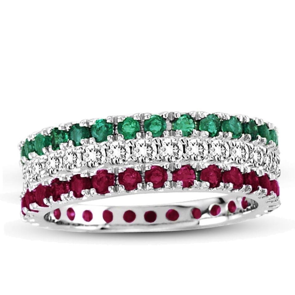 Suzy Levian - 14K White Gold Diamond Ruby Emerald 3-piece Eternity Band