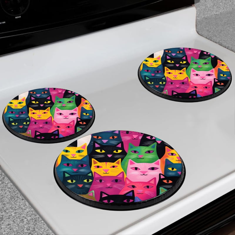 BaHomeck Electric Stove Burner Covers Set of 4,Round Metal Gas Stove Burner Covers 8 Inch and 10 Inch,Kitchen Decor,Colorful Cats Looking In Different Directions