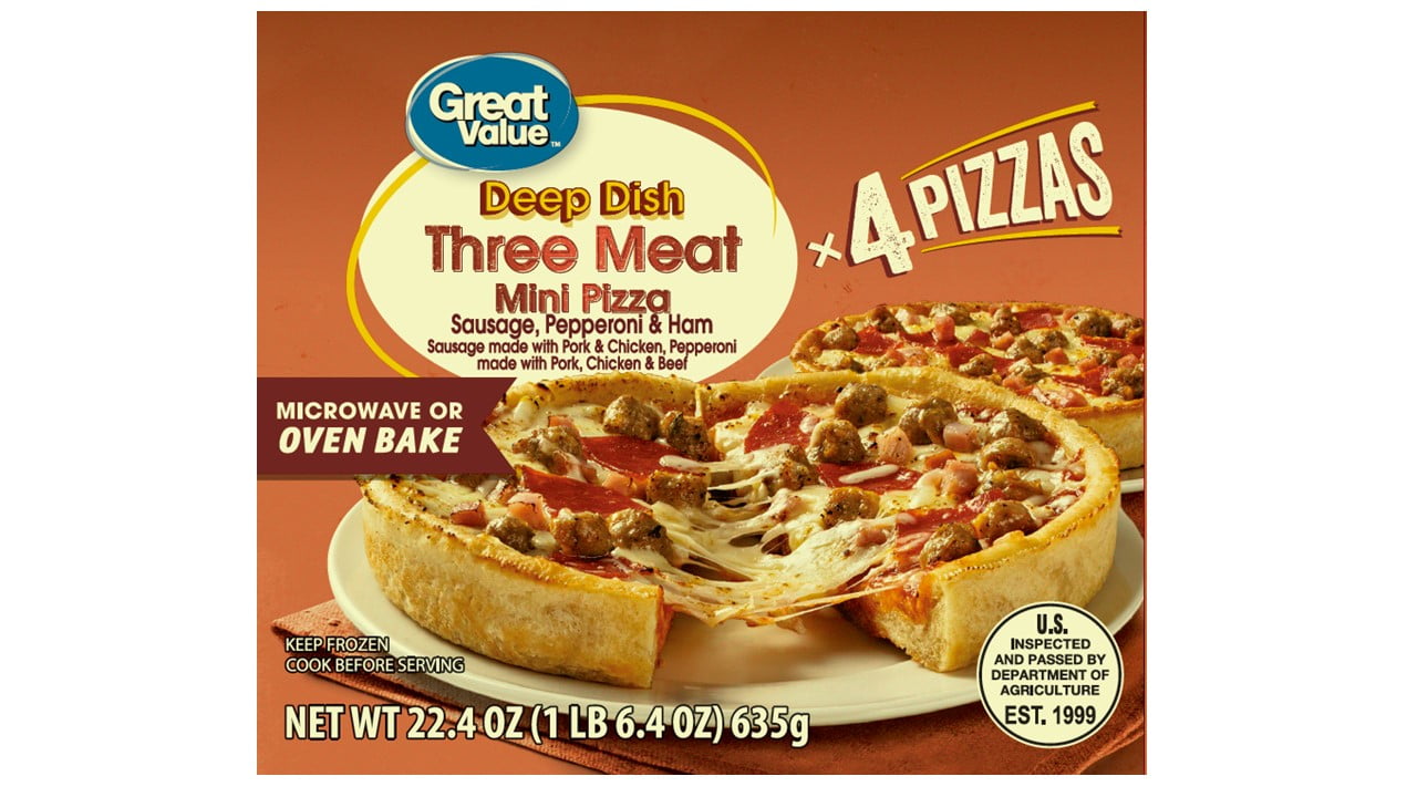 Great Value Three Meat Pizza Deep Dish Mini 22 4 Oz 4 Count Walmart Com Great Value Three Meat Pizza Deep Dish Mini 22 4 Oz 4 Count Walmart Com