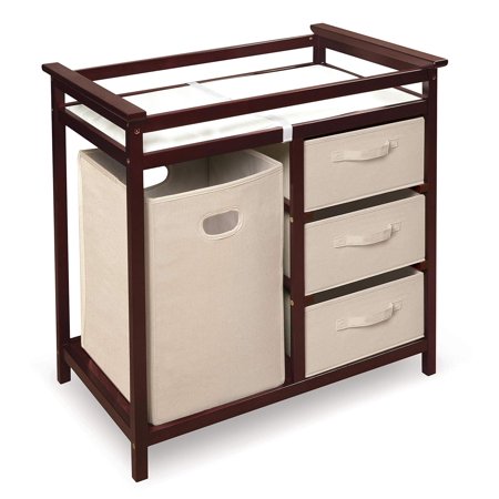Modern Baby Changing Table with Laundry Hamper - 3 Storage Drawers and Pad, Diaper Change Station - Cherry/Ecru