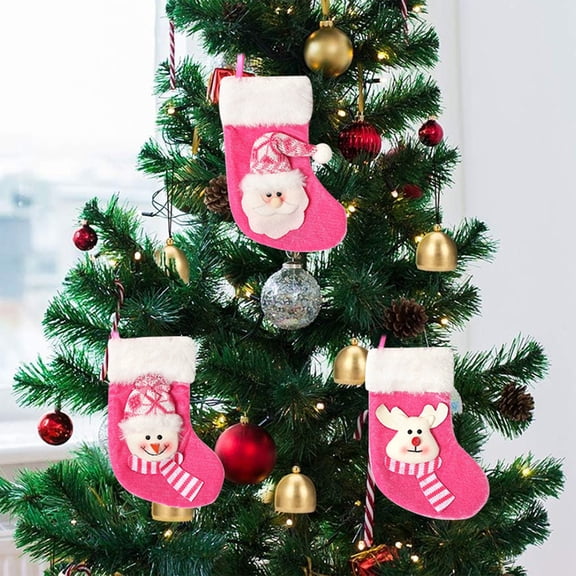 Christmas Stockings Pink Velvet Stocking 3D Santa Snowman Reindeer Dolls with Plush Cuff Xmas Stocking Gift for Christmas Tree/Fireplace/Window/Staircase Decorative Pendant