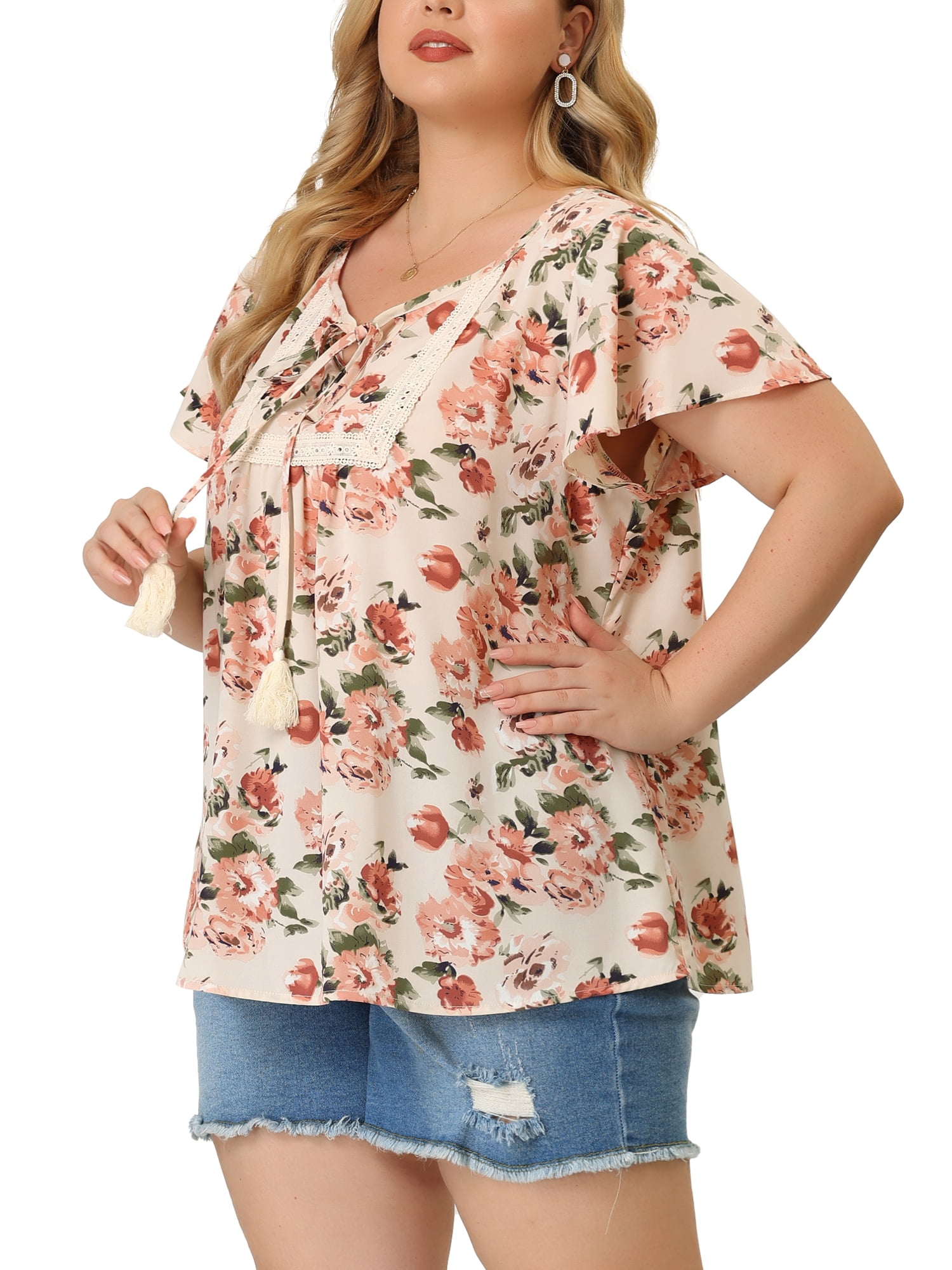 Unique Bargains Women's Plus Size Chiffon Tie-Neck Tassel Flare Sleeve Floral Tops 2X Apricot