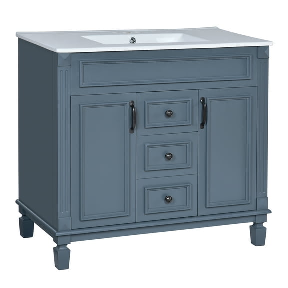 36" Bathroom Vanity with Top Sink - Modern Blue Bathroom Storage Cabinet, 2 Soft-Close Doors & 2 Drawers, Single Sink Vanity for Bathroom