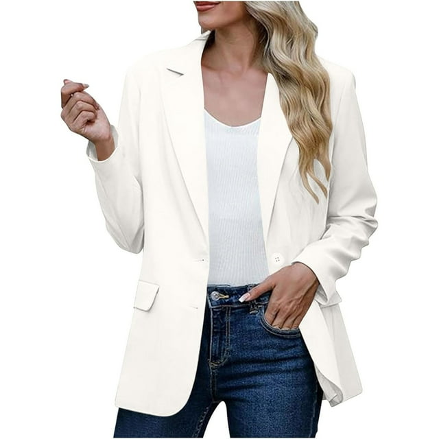 MIASHUI Women's Straight Cut Solid Color Two Button Blazer Long Sleeve Formal Casual Office Wear Classic Fit White,M