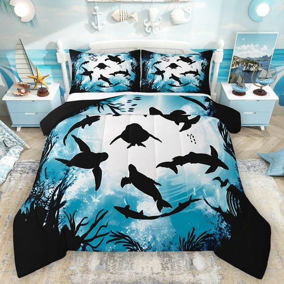 Homewish Kawaii Sealife Child Bedding Comforter Set, Cartoon Ocean Marine Animal Twin Comforter Sets, Walrus Shark Lover Reversible Bedding Set, Breathable Home Decor, 2pcs