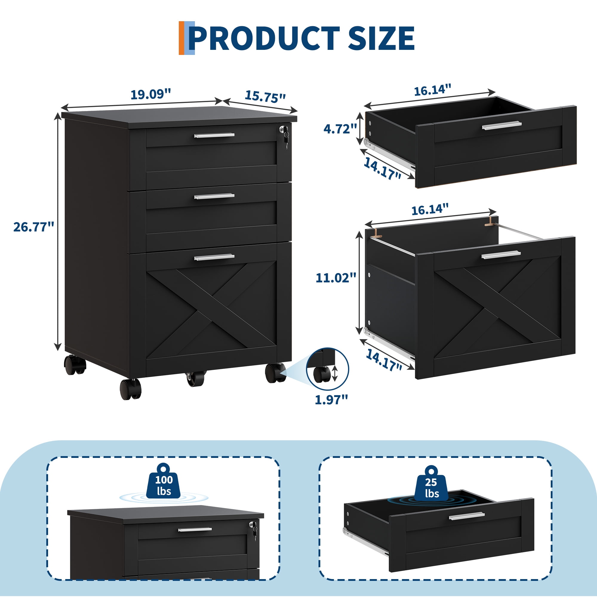 Ataucjin 3-Drawer Rolling File Cabinet with Lock,Wooden Mobile Filing Cabinet for Home Office,Under Desk Storage Organizer fits Letter/A4/Legal Size, Sturdy Printer Stand with Locking Casters