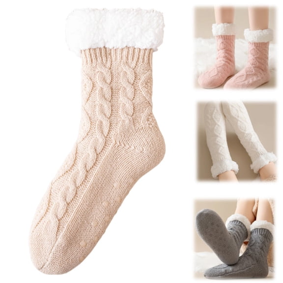 Womens Fuzzy Slipper Socks Cable Knit Sherpa Lined Warm Cozy Socks for Women Winter House Non Slip Gripper Socks (Khaki)