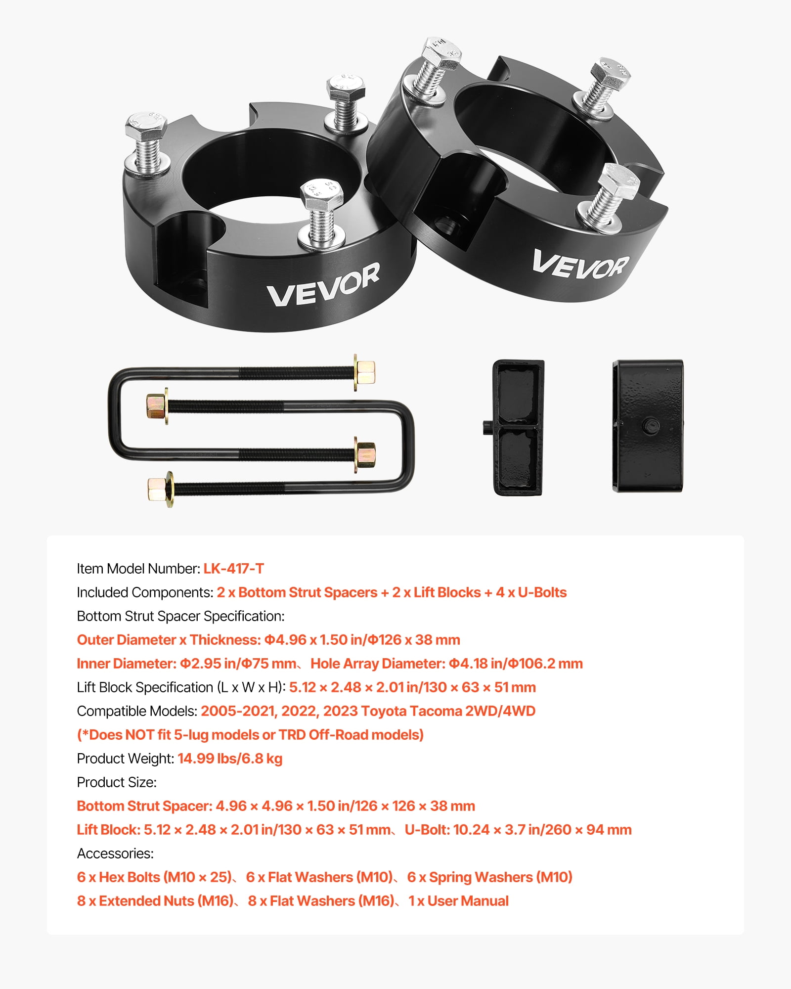 VEVOR 3 Inch Front and 2 Inch Rear Leveling Lift Kit for 2005-2021, 2022, 2023 Toyota Tacoma 2WD/4WD, Chassis Level Kit with 2 Front Strut Spacers,2 Rear Lift Blocks,4 U-Bolts,Suspension Level Kit