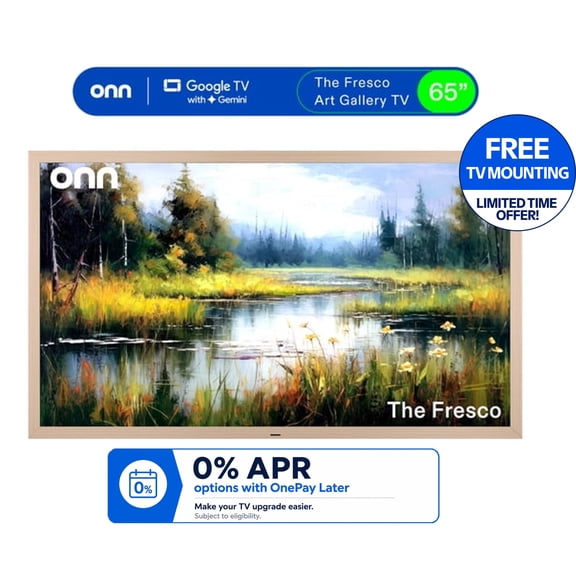 onn 65 in The Fresco Art Gallery 4K UHD Google TV with Gemini, Golden Brown Frame and Mounting Kit
