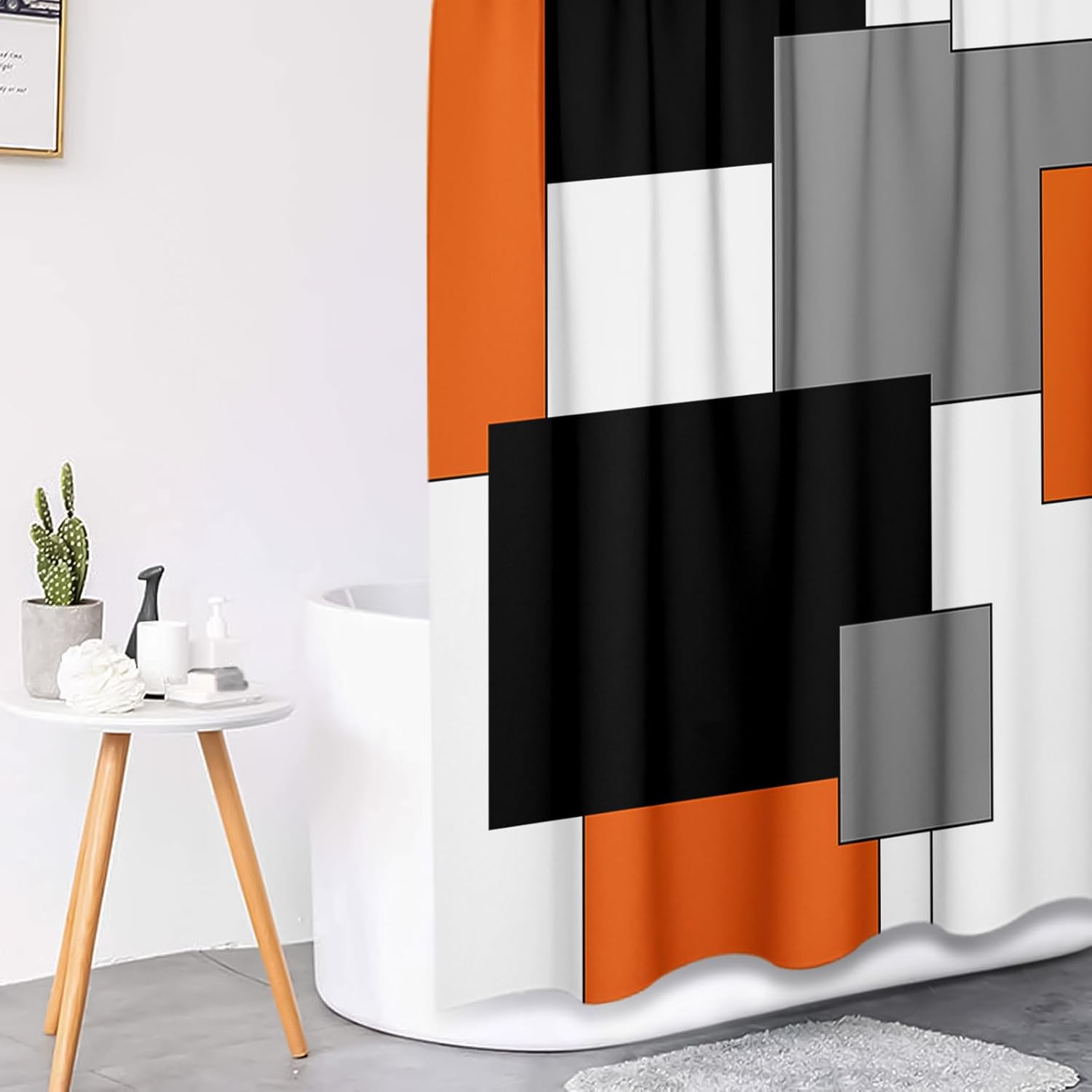 Orange Geometric Shower Curtain Set with Toilet Lid Cover and Non-Slip Rugs for Bathroom, Black White Grey Checkered 4 Pcs Shower Curtain, Modern Abstract Bathroom Set with 12 Hooks