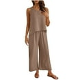 thumbnail image 2 of BLTIBY 2 Piece Sets for Women Summer 2025 Solid Color Loose Hollow Out Back Sleeveless Round Neck Shirts Wide Leg Pant Matching Set Vacation Outfits Khaki M, 2 of 9
