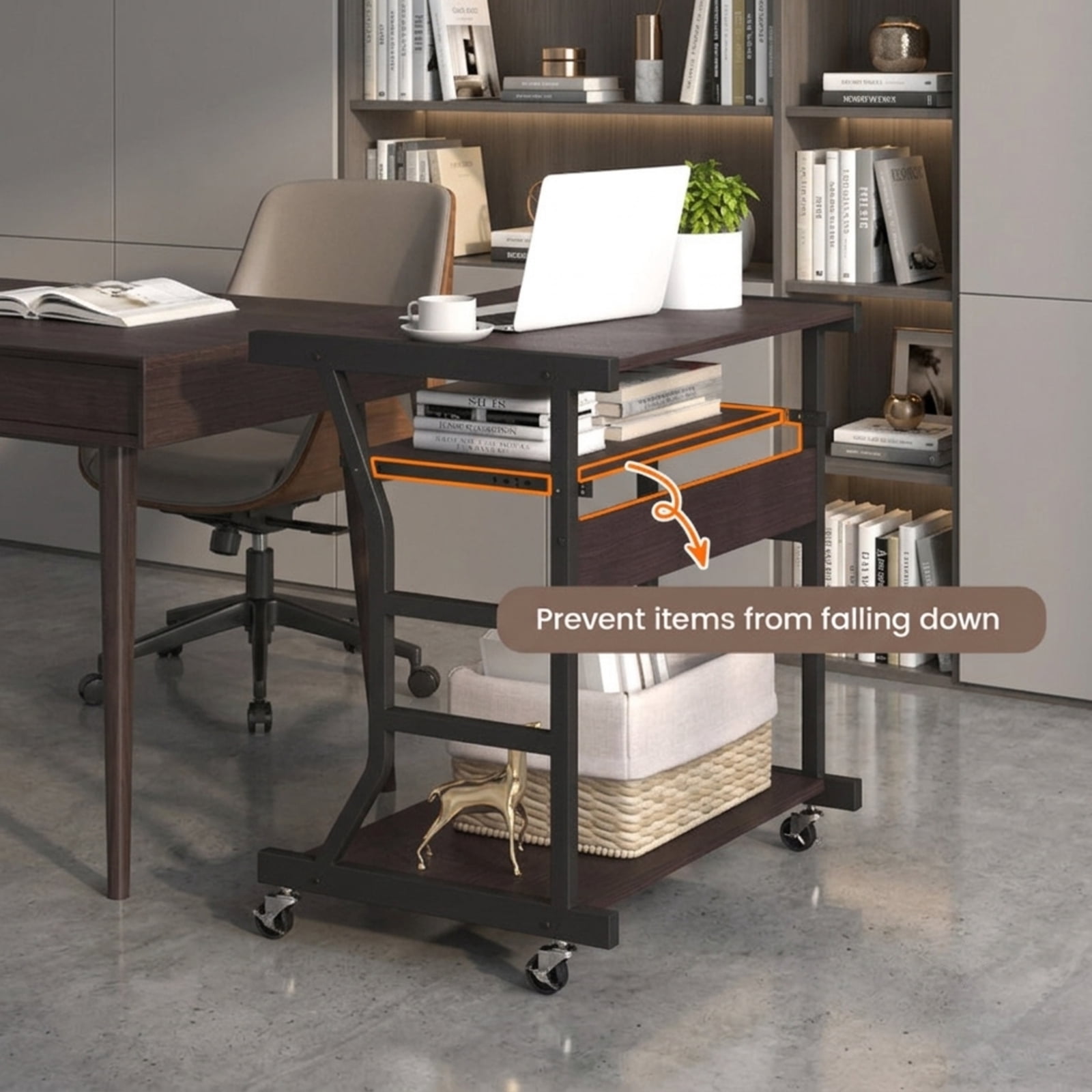 Furnibear Mobile Computer Desk with Keyboard Tray and Rotatable Mouse Tray, Small Rolling Desk with Storage Shelf and Locking Casters, Dark Brown