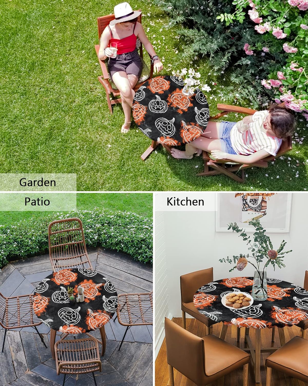 Halloween Round Fitted Tablecloth,Pumpkin Ghost Face Waterproof Elastic Edged Table Cover for Kitchen Dining Indoor Outdoor Holiday Party,Fits 45"-52" Tables,Orange and Black
