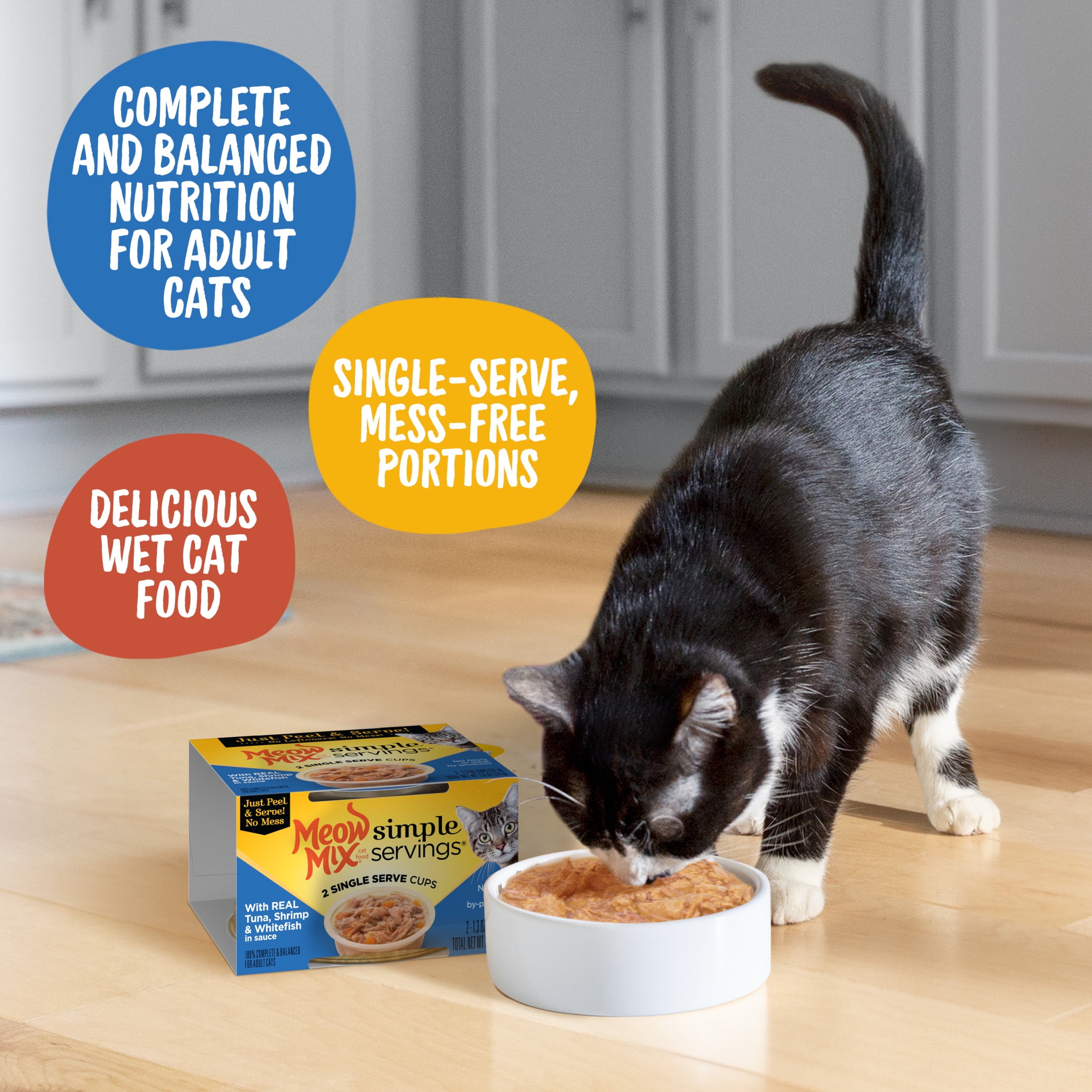 Meow Mix Simple Servings Wet Cat Food with Real Tuna, Shrimp & Whitefish in Sauce, 2.6 oz, Pack of 2 (Packaging May Vary)