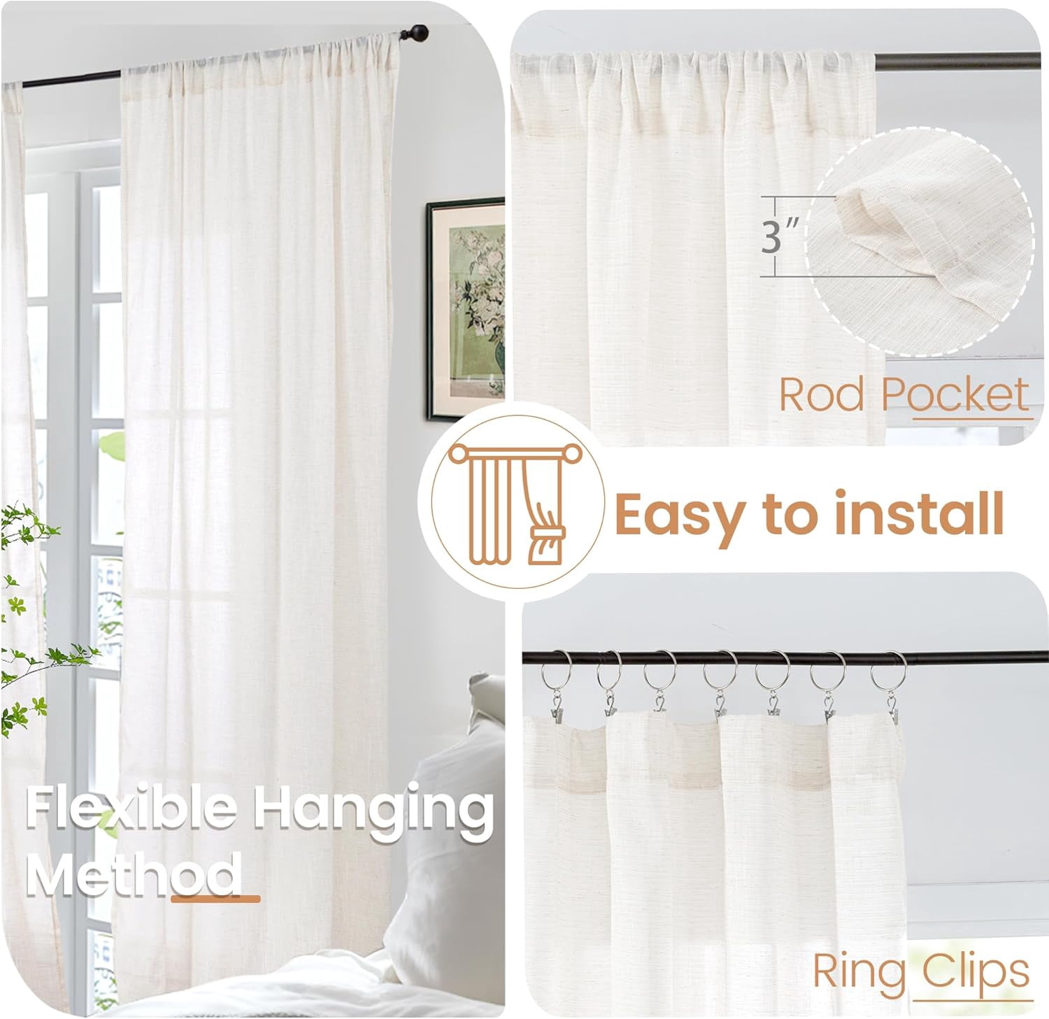Linen Curtains 96 Inches Long for Living Room, Oatmeal Window Drapes Rustic Country Textured for Farmhouse Beroom Dining Room Decor Rod Pocket Lightweight, 2 Panels Set, Each 52 Inch Wide