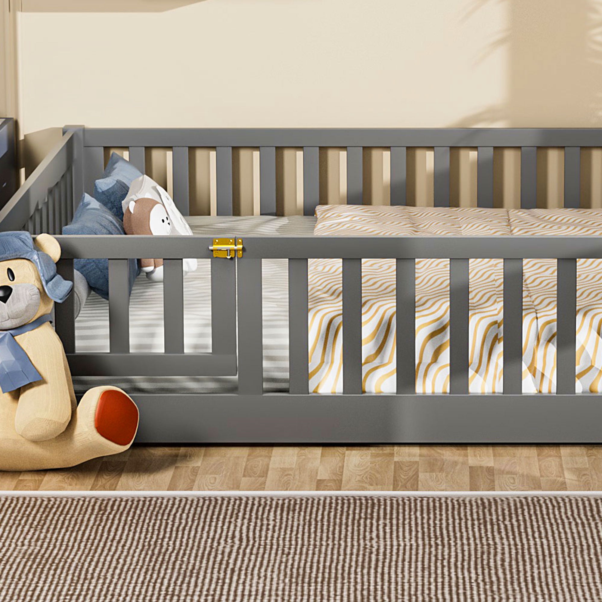 Miniyam Full Size Toddler Floor Bed with Fence, Gray