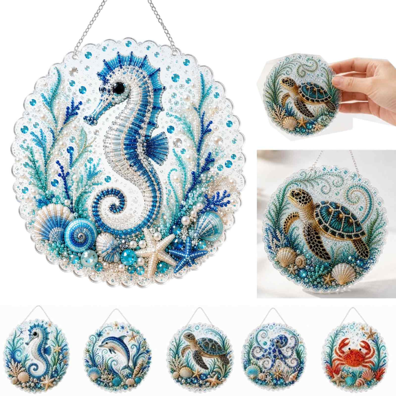 Ocean Pearl Art DIY Hanging Ornament Kit, 5D Special Shape Diamond Painting for Adults, Ocean Diamond Art Hanging Ornament Kit, Coastal Window Hanging Decor Gift for Craft Lovers (Seahorse-1pcs)
