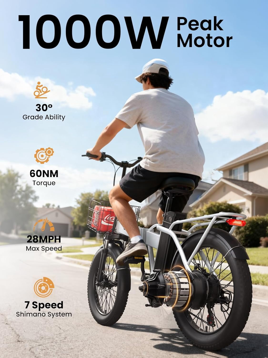 Folding Electric Bikes for Adults 1000W Peak Motor up to 70 Miles Range 28 mph Max Speed 20" x 3.0" Fat Tire Foldable Ebikes 48V 13.5AH Removable Battery 7-Speed E-Mountain Bikes, UL2849 by SGS