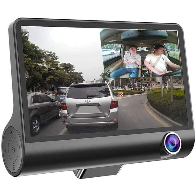 Grabadora de viaje triple cámara HD para taxi - visión frontal, interior y trasera con pantalla IPS de 4 pulgadas y sensor nocturno