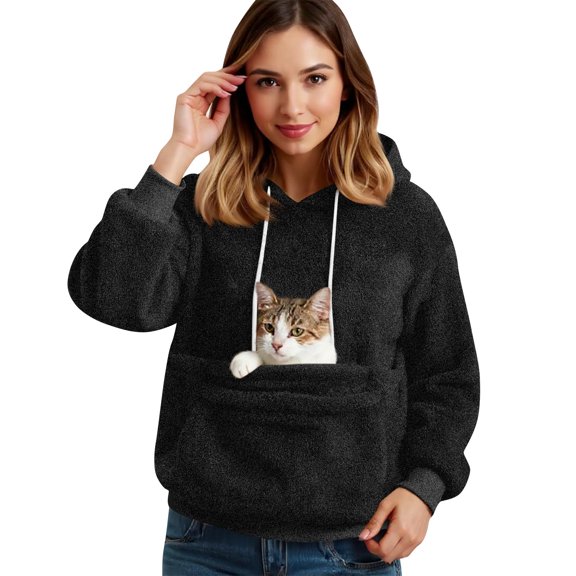 Flannel Cat Dog Pet Pouch Hoodie for Women, Pullover Sweatshirt with Front Carrier Pocket and Drawstring Hood
