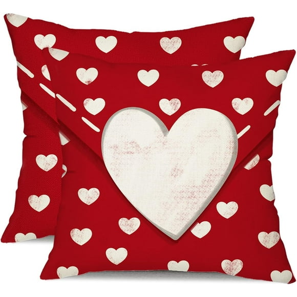 Housses de Coussin de la Saint-Valentin 18x18 Pouces Ensemble de 2 Cœurs Blancs Décor Rouge Housses de Coussin Décoratives pour Canapé 53A