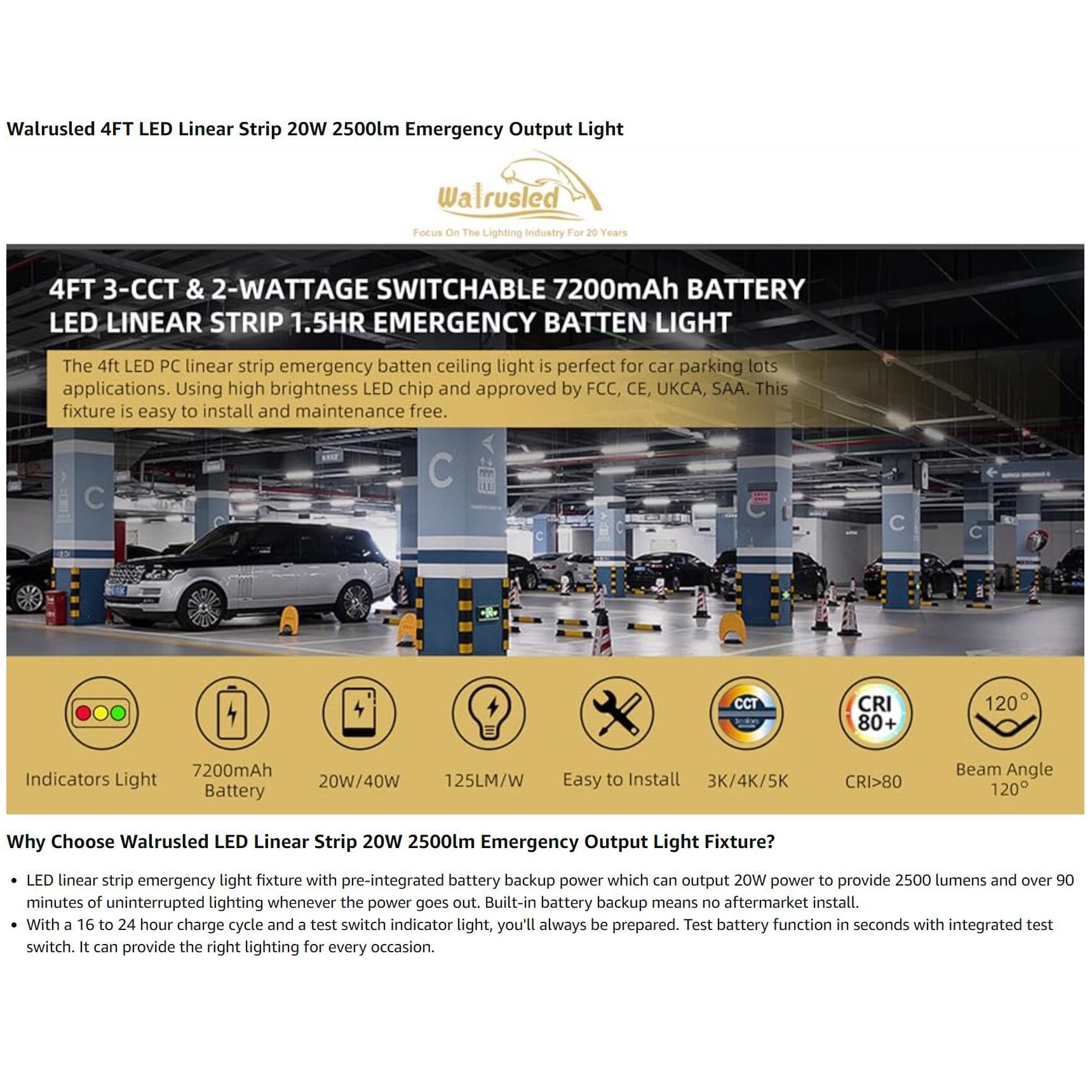 4FT LED Linear Strip Light 20W Emergency Output Battery Backup Dimmable, 3 CCT Selectable, FCC
